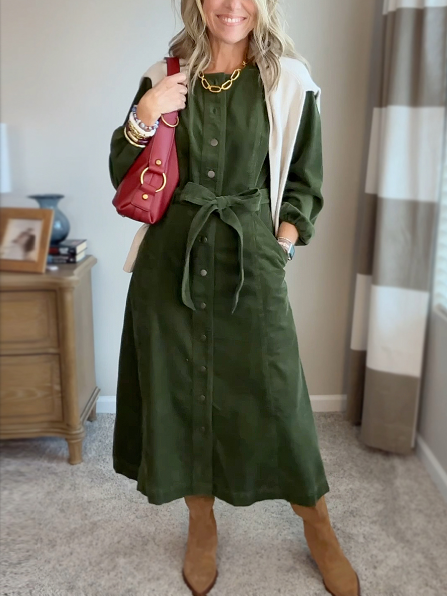 New Arrival🔥 Corduroy Shirt Dress with Tie Belt-retrostrom