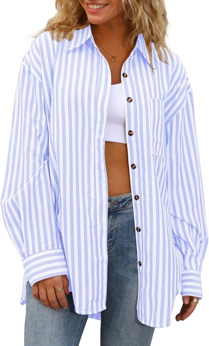 Womens Striped Button Down Shirt Casual Long Sleeve Blouse Top-retrostrom