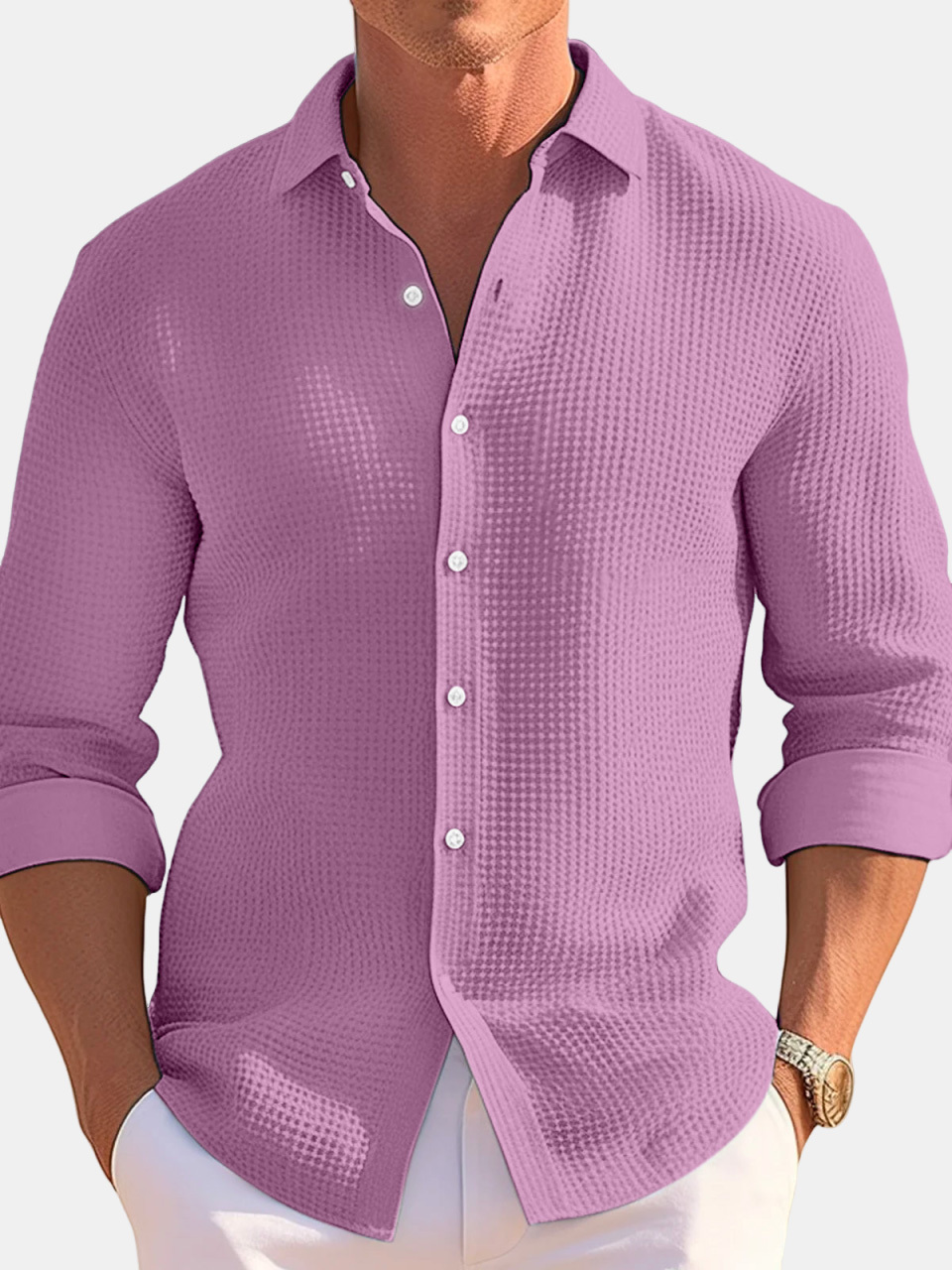 Men's Casual Loose Solid Color Waffle Long Sleeve Shirt-retrostrom