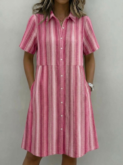Cozy Fashion Lapel Striped Cotton-Linen Shirt Dress-retrostrom