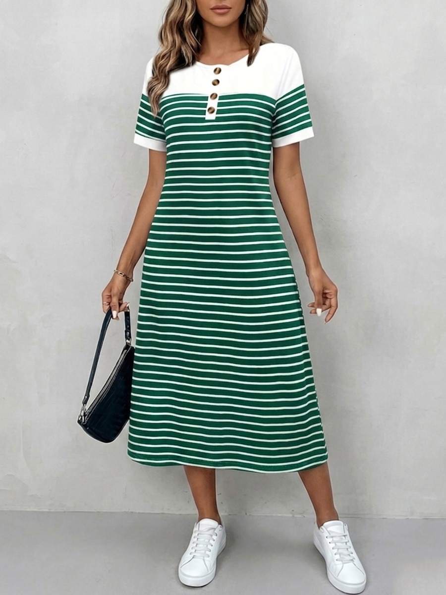 Cozy Round Neck Striped Cotton Shirt Dress-retrostrom