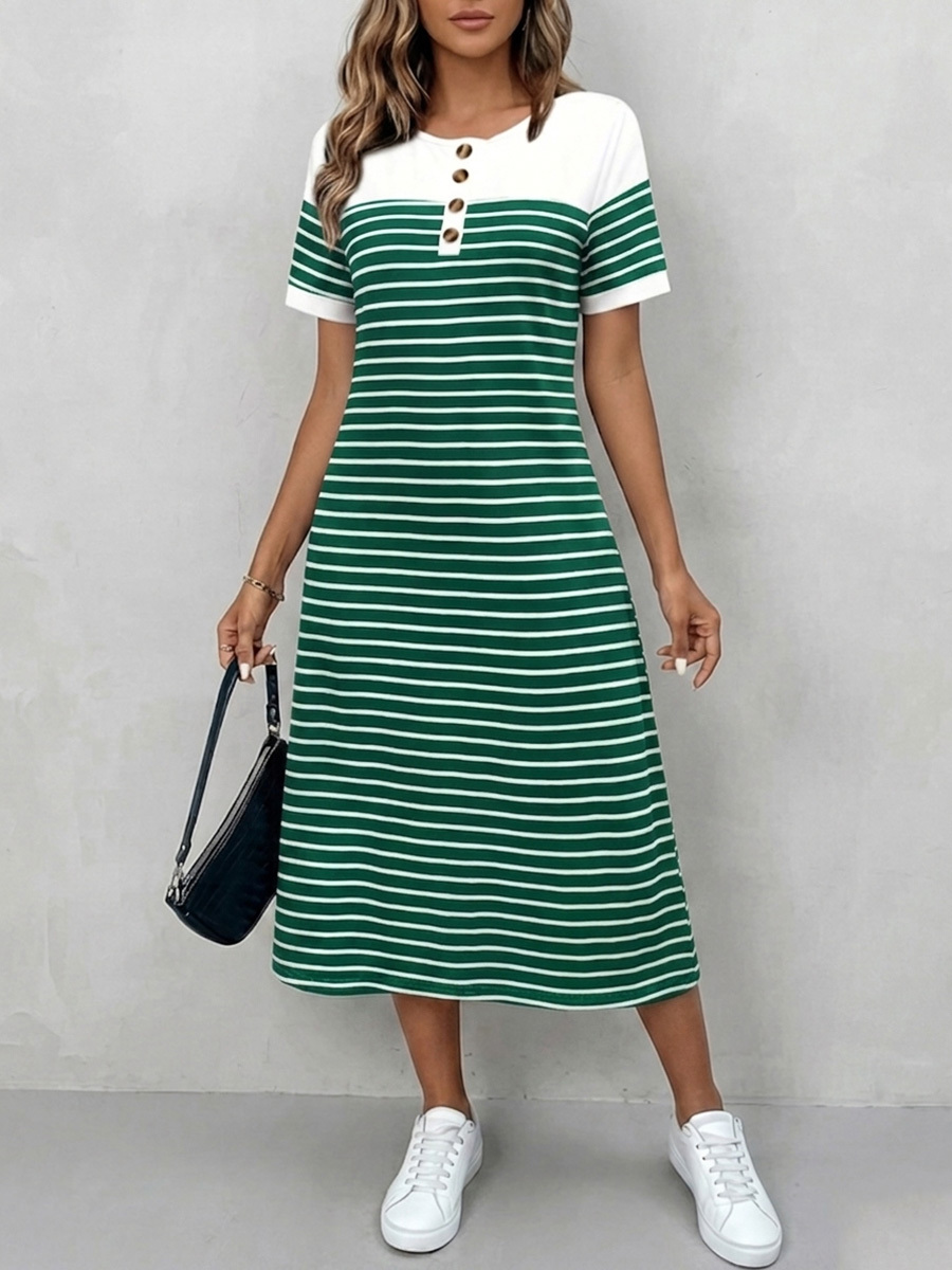 Cozy Round Neck Striped Cotton Shirt Dress-retrostrom