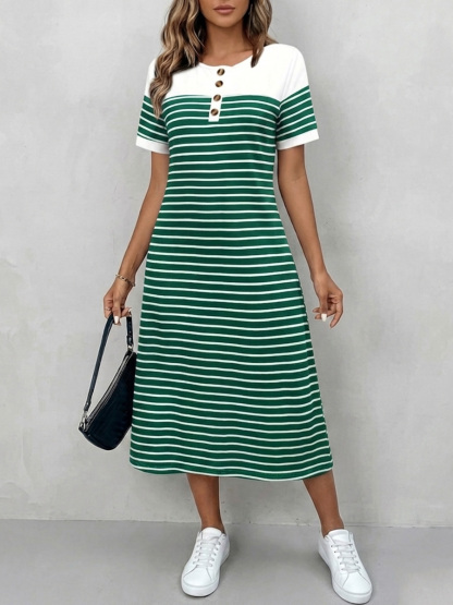 Cozy Round Neck Striped Cotton Shirt Dress-retrostrom