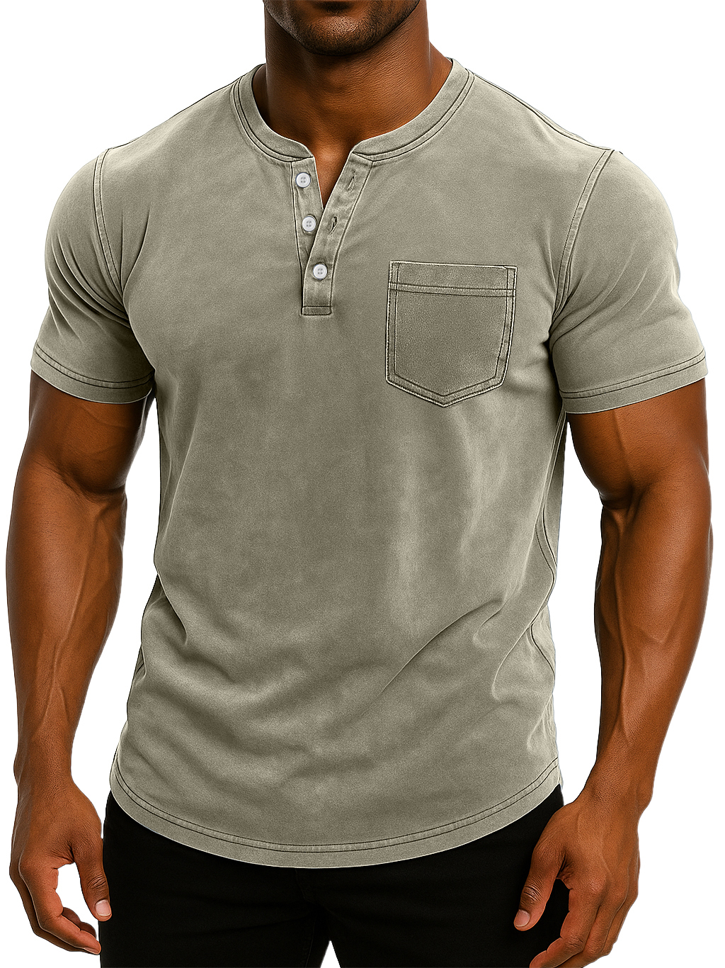 Men's Retro Stand Collar Casual Pocket Solid Color Slim Fit Short Sleeve Henley Shirt-retrostrom
