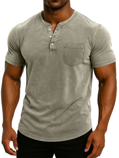 Men's Retro Stand Collar Casual Pocket Solid Color Slim Fit Short Sleeve Henley Shirt-retrostrom