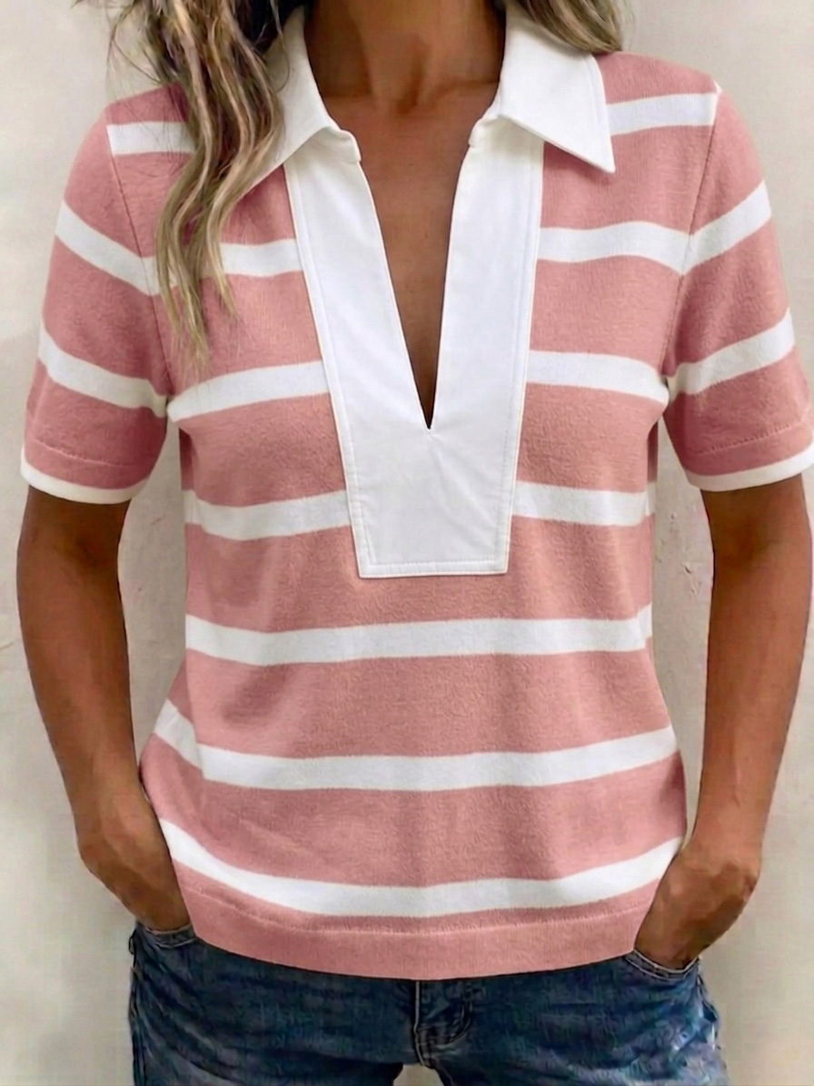 Stylish V-Neck Color-Block Polo Shirt-retrostrom