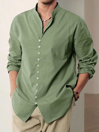 Men's Vintage Multi-Button Cotton Vacation Casual Loose Stand Collar Long Sleeve Shirt-retrostrom