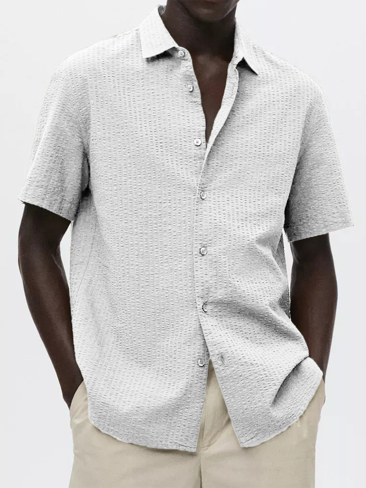 Men's Textured Seersucker Casual Vacation Lapel Short Sleeve Shirt-retrostrom