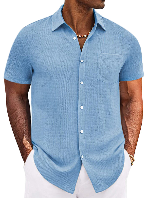 Men's Casual Simple Solid Color Texture Short-sleeved Button-down Shirt-retrostrom