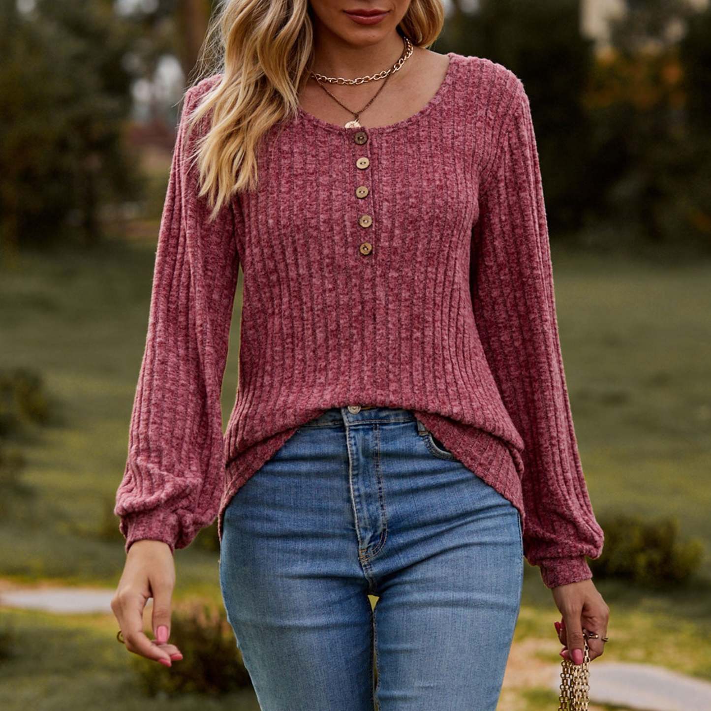 Women's Fall Button Scoop Neck Puff Long Sleeve Henley Shirts-retrostrom