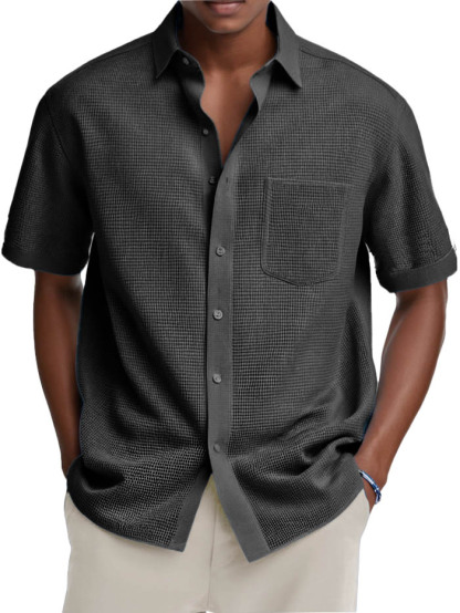 Men's Fashion Casual Retro Waffle Fabric Pocket Short-sleeved Shirt-retrostrom