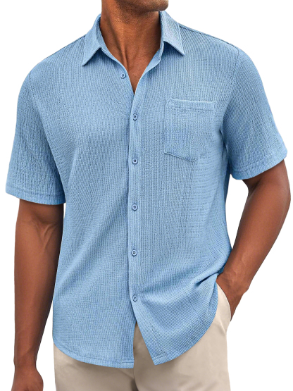 Men's Daily Bubble Wrinkle Casual Pocket Solid Color Short Sleeve Shirt-retrostrom