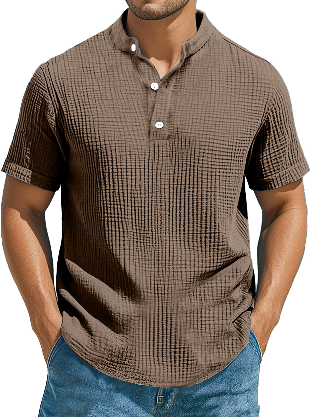 Men's Casual Solid Color Pleated Texture Short-sleeved Stand Collar Henley Shirt-retrostrom