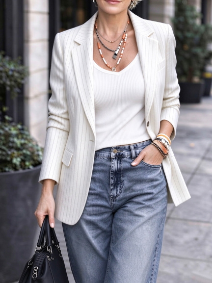New Arrivals 🔥 Women’s Pinstripe Notched Lapel Long Blazer Jacket