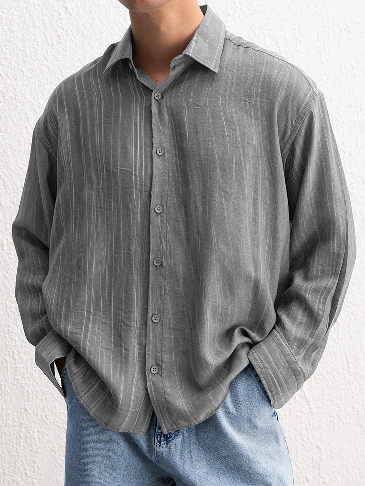 Men's Stylish Textured Casual Button-down Everyday Long Sleeve Shirt-retrostrom