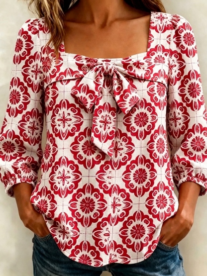 New Arrivals🔥 Women's Casual Santorini Inspired Print Bow Blouse-retrostrom