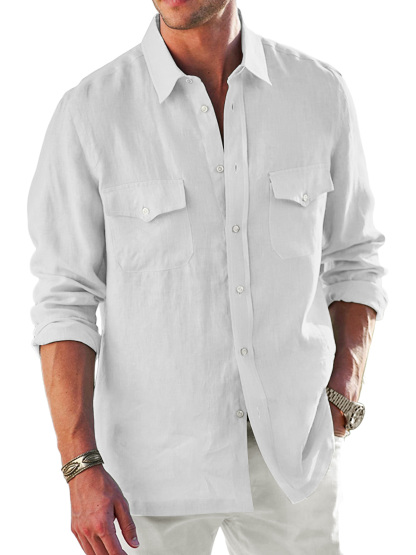 Men's pure cotton double pocket lapel comfortable solid color casual long sleeve shirt-retrostrom