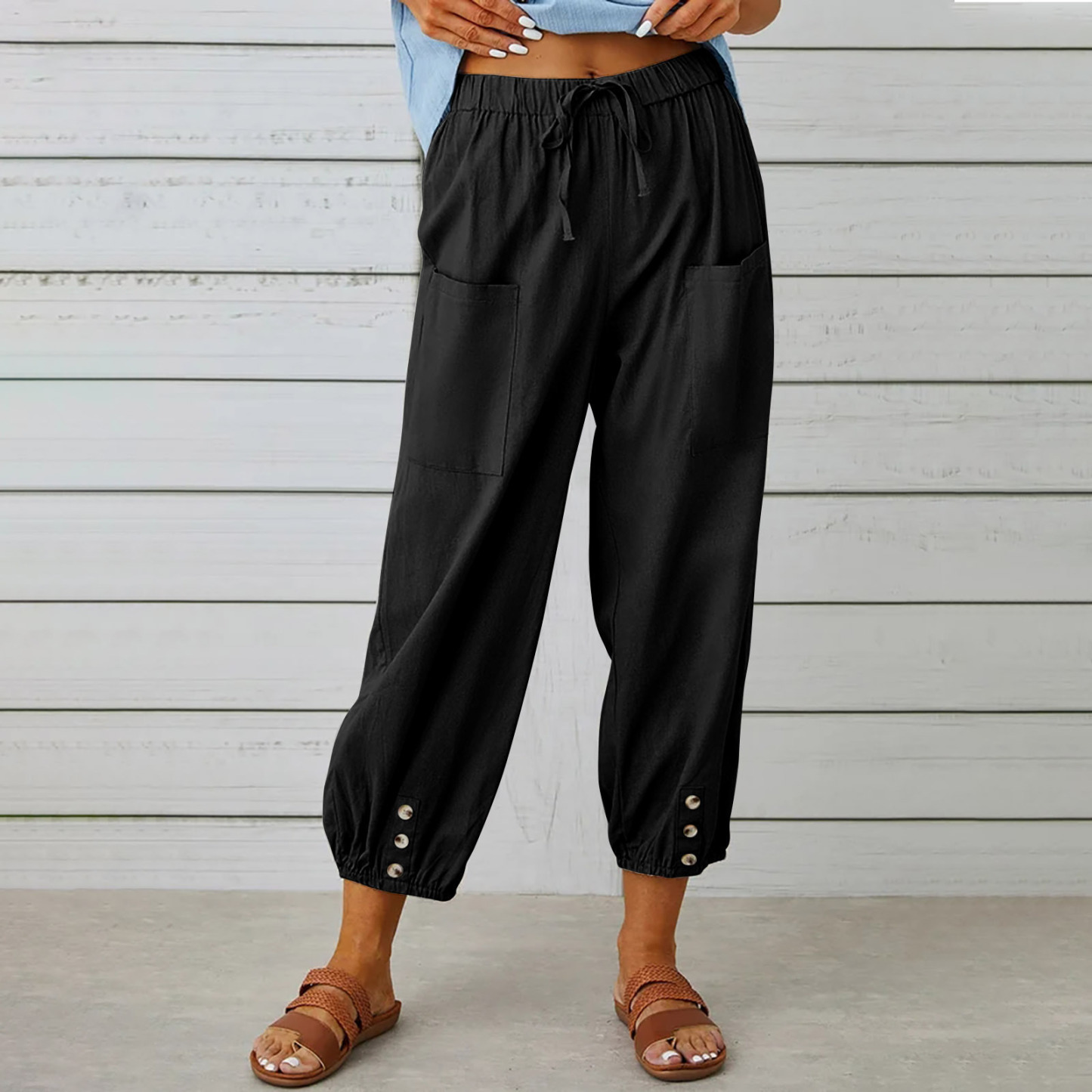 Women's pants High-waisted buttoned cotton hemp pants nine-point pants wide-legged-retrostrom