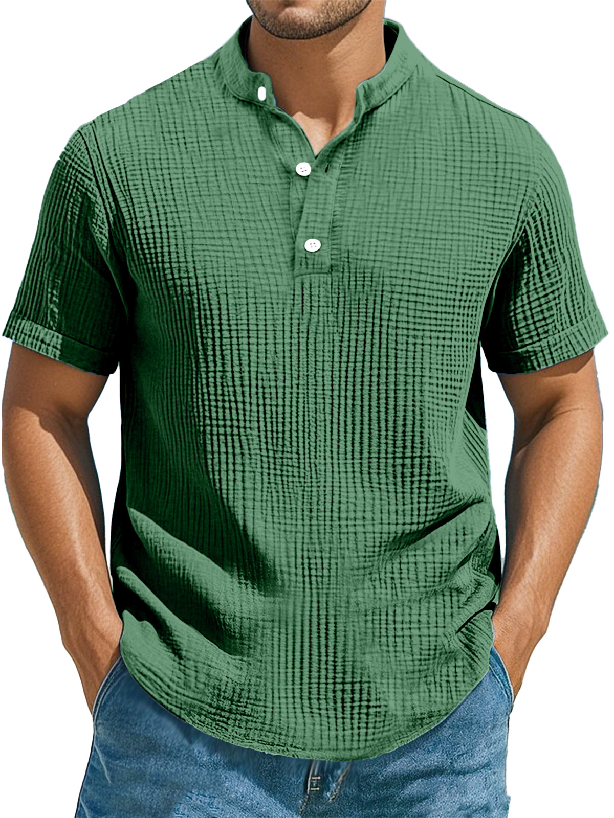 Men's Casual Solid Color Pleated Texture Short-sleeved Stand Collar Henley Shirt-retrostrom