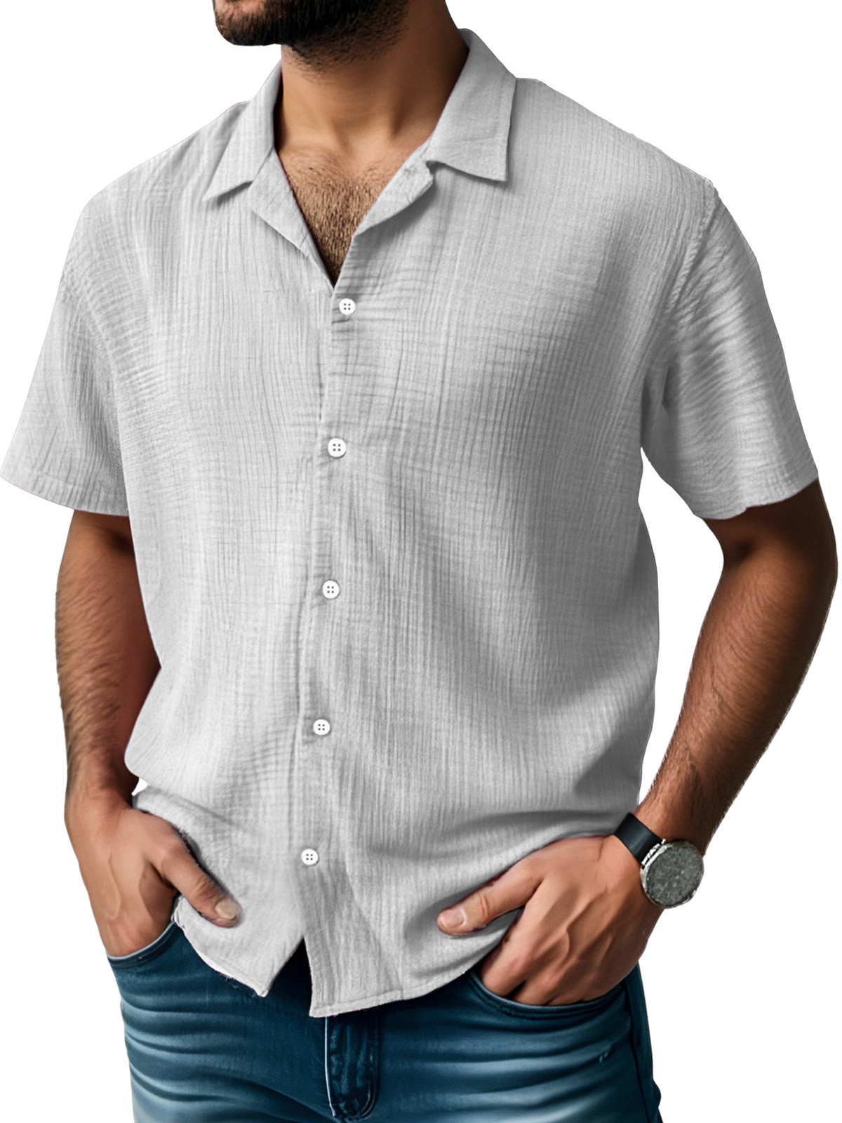 Men's Everyday Solid Color Pleated Texture Short-sleeved Shirt-retrostrom