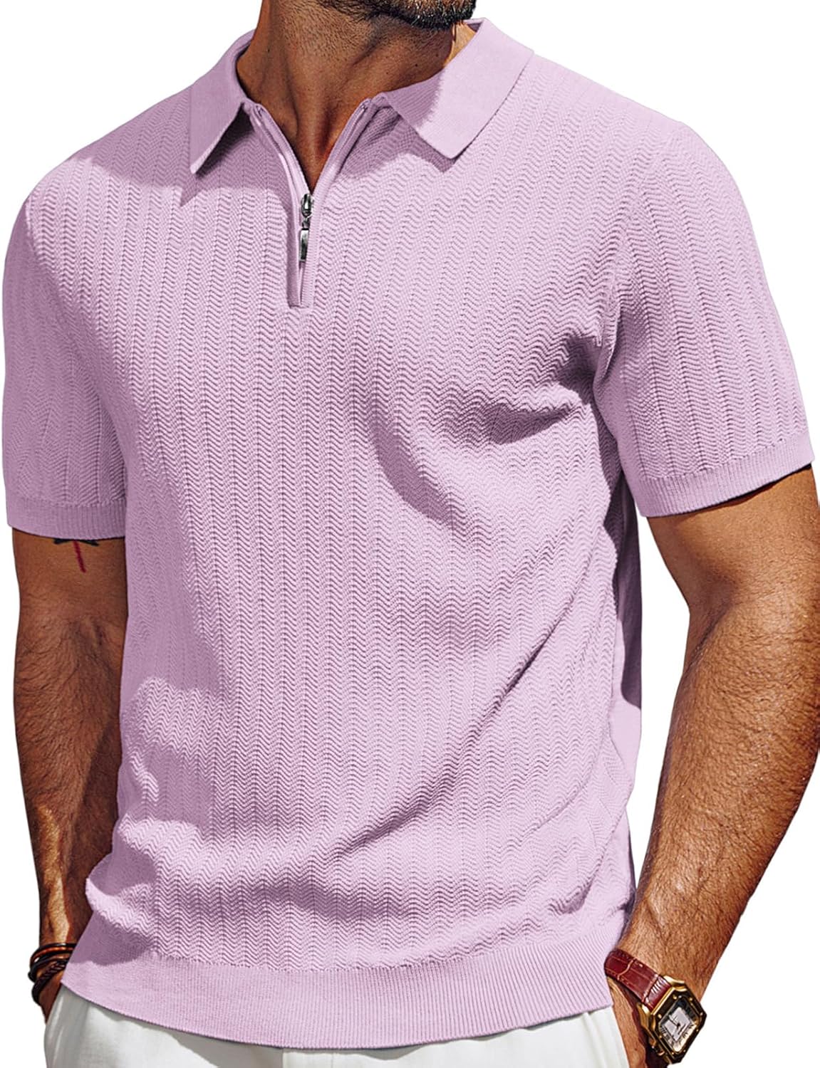 Men's Polo Shirts Quarter Zip Textured Knit Shirts Summer Shirt-retrostrom