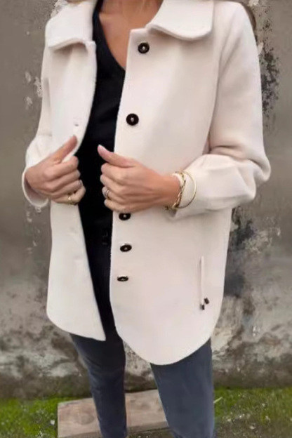 Casual Daily Solid Color Buttons Gross Turn-back Collar Outerwear Women Coat-retrostrom
