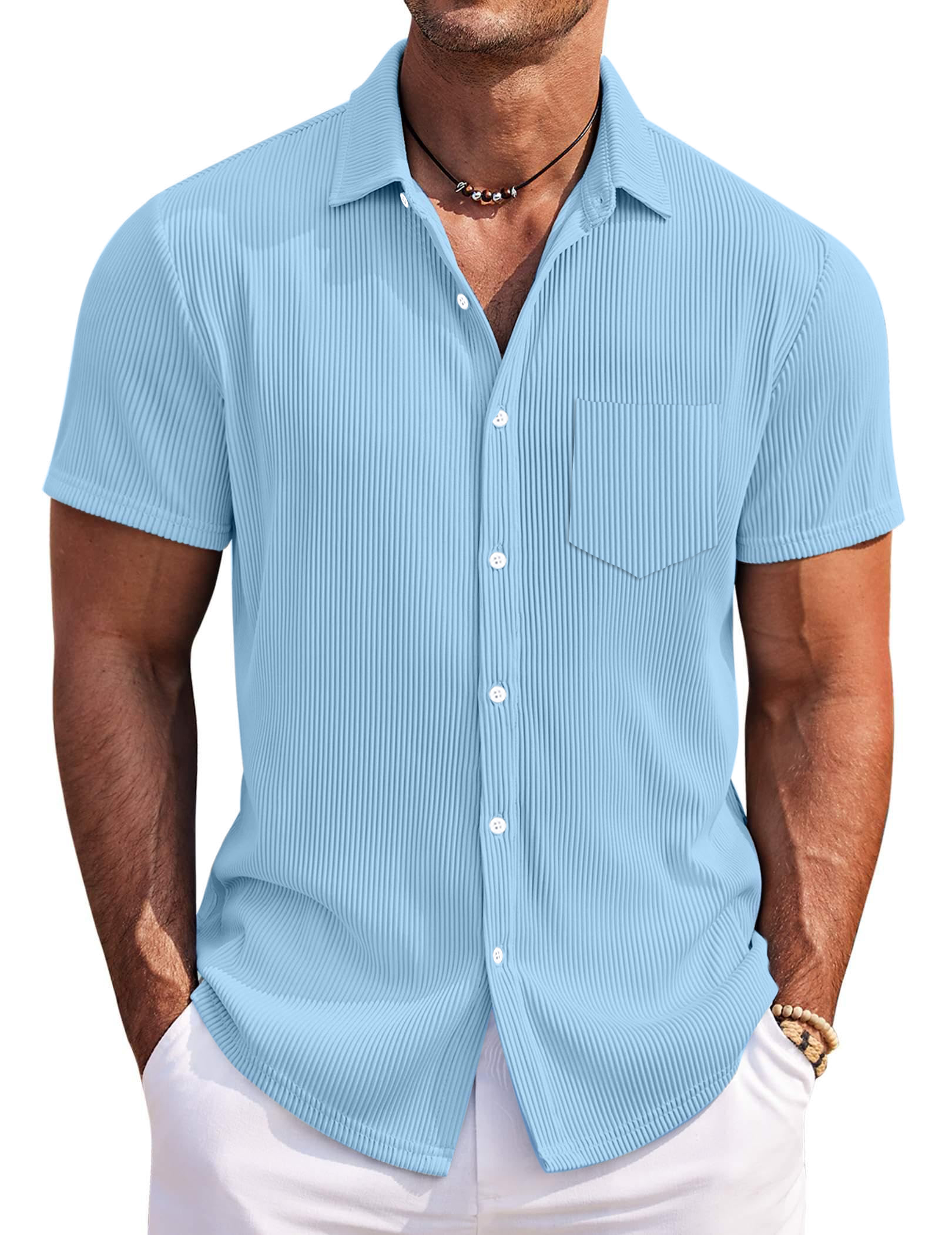 Men's Solid Color Loose And Comfortable Vertical Striped Short-sleeved Shirt-retrostrom