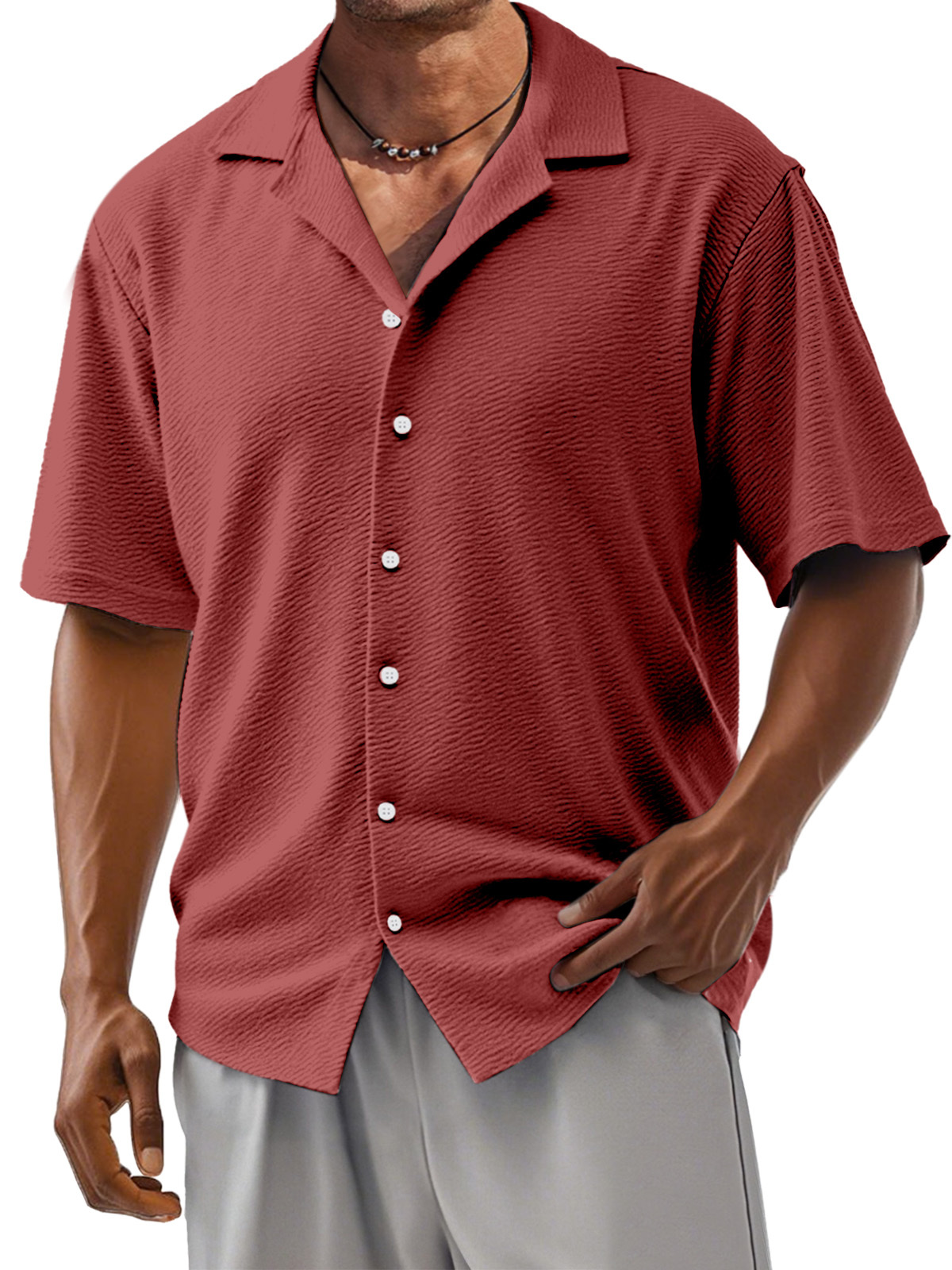 Men's Loose Solid Color Comfortable Texture Short-Sleeved Cuban Collar Shirt-retrostrom