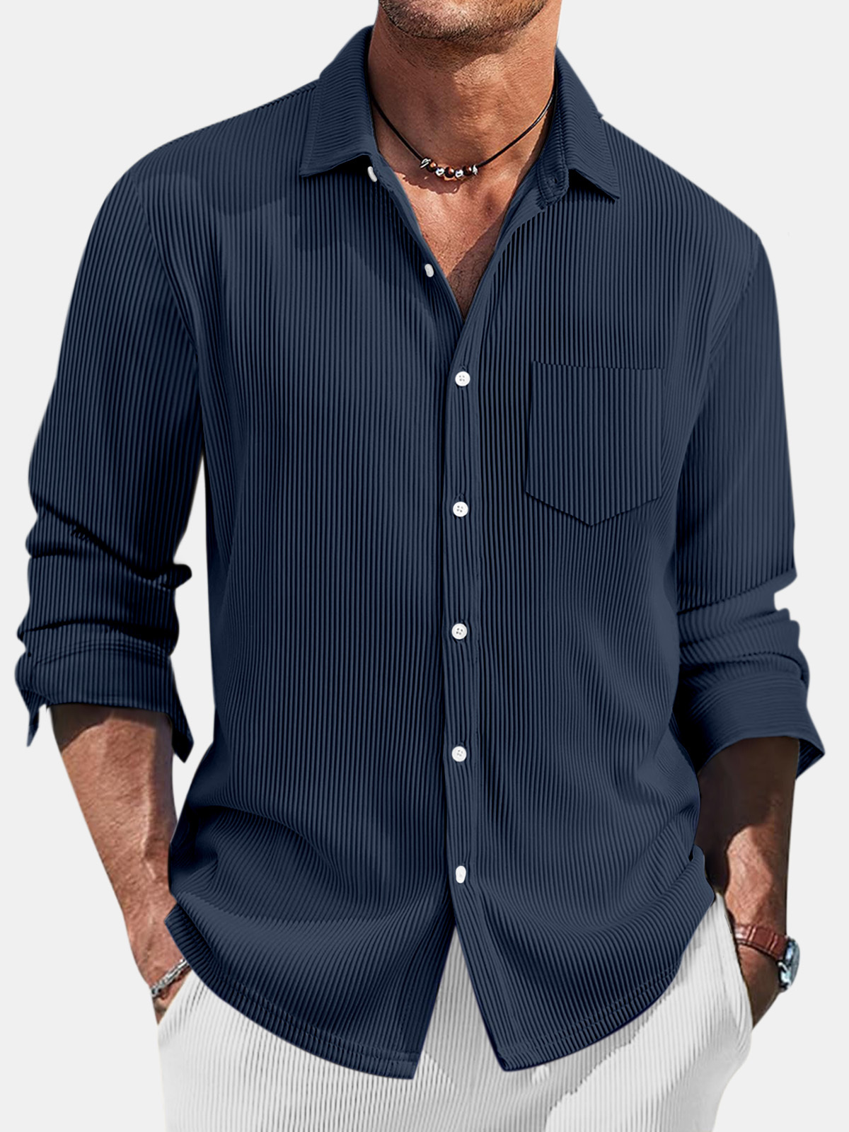 Men's Casual Daily Pit Striped Solid Color Comfortable Long-sleeved Shirt-retrostrom