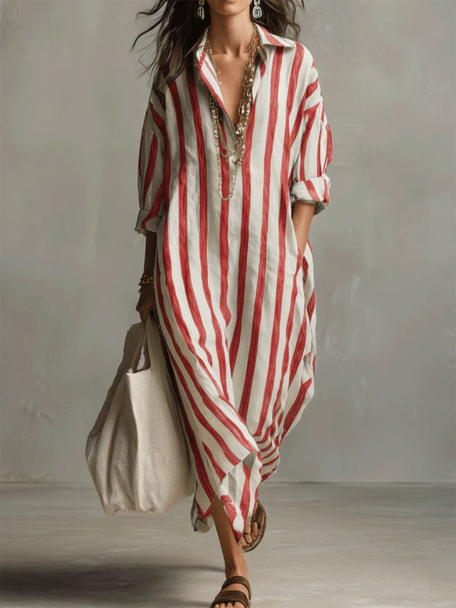 Casual And Cozy Striped Linen-cotton Dress-retrostrom