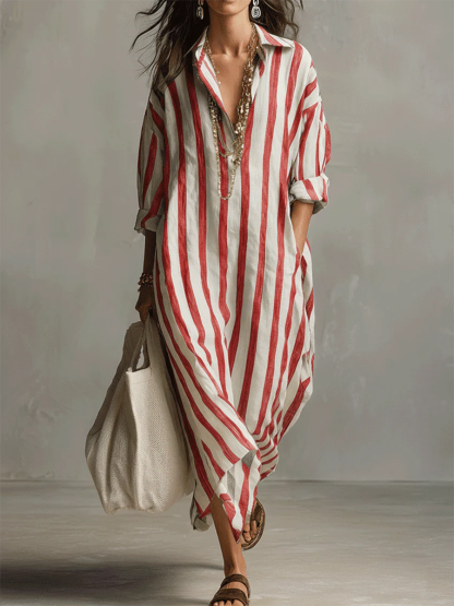 Casual And Cozy Striped Linen-cotton Dress-retrostrom