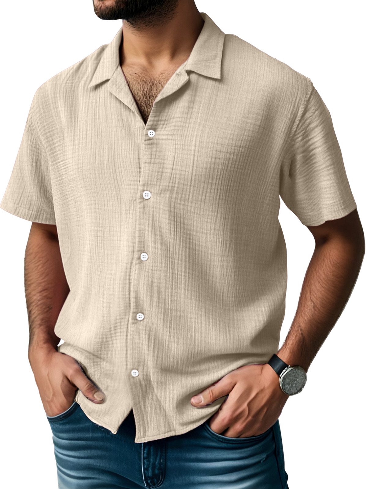 Men's Everyday Solid Color Pleated Texture Short-sleeved Shirt-retrostrom