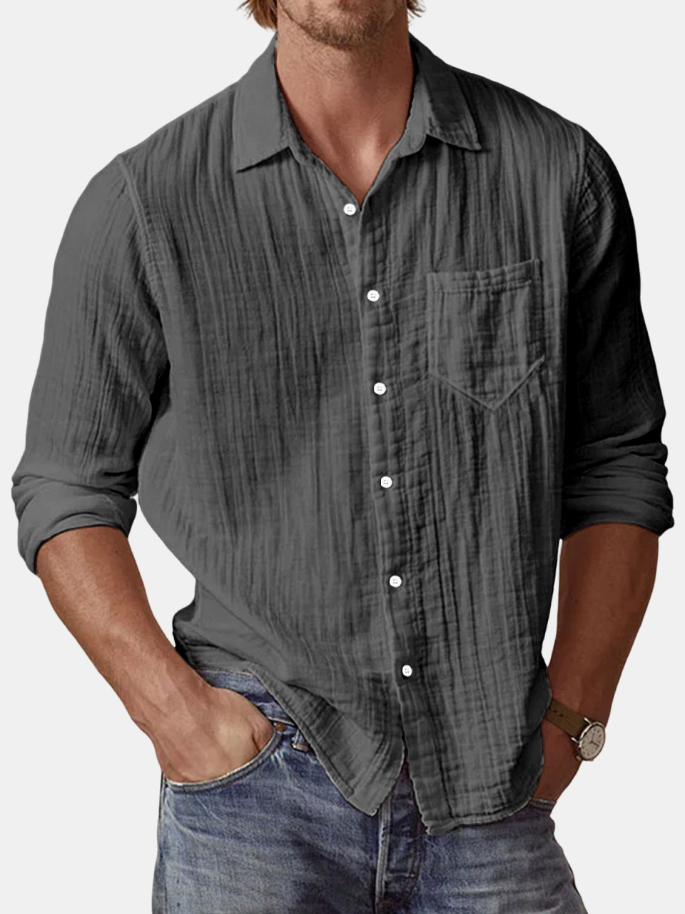 Men's Casual Textured Solid Color Comfortable Puff Wrinkle Long Sleeve Shirt-retrostrom