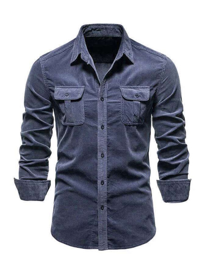Men's Casual Corduroy Double Pocket Solid Color Long Sleeve Shirt-retrostrom