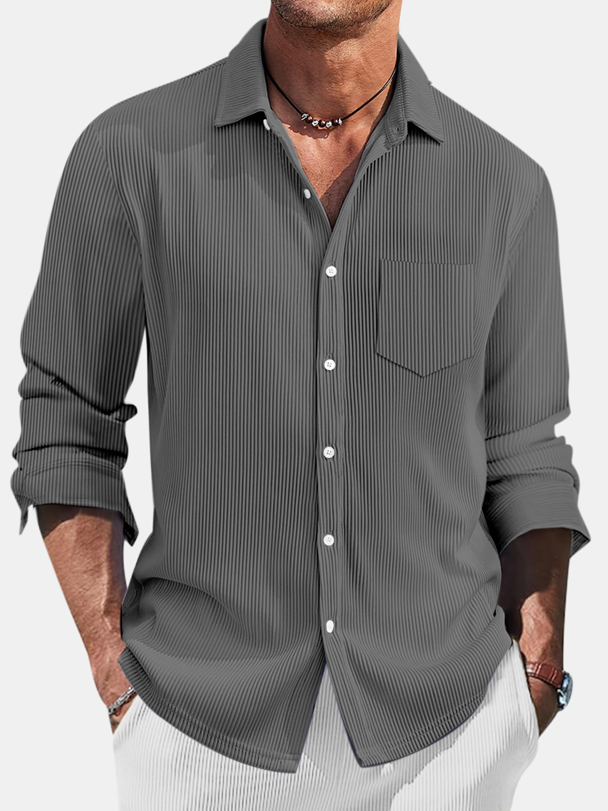Men's Casual Daily Pit Striped Solid Color Comfortable Long-sleeved Shirt-retrostrom