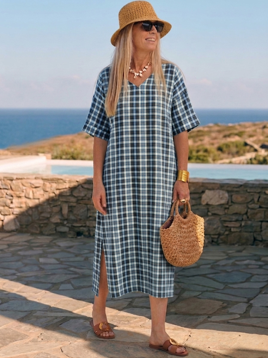 Vintage Checkered Print V-Neck Dress-retrostrom