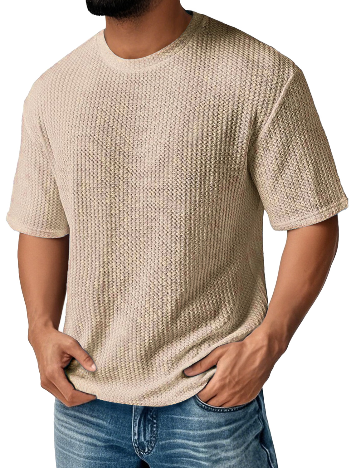 Men's Daily Round Neck Waffle Casual Solid Color Comfortable Short Sleeve T-shirt-retrostrom