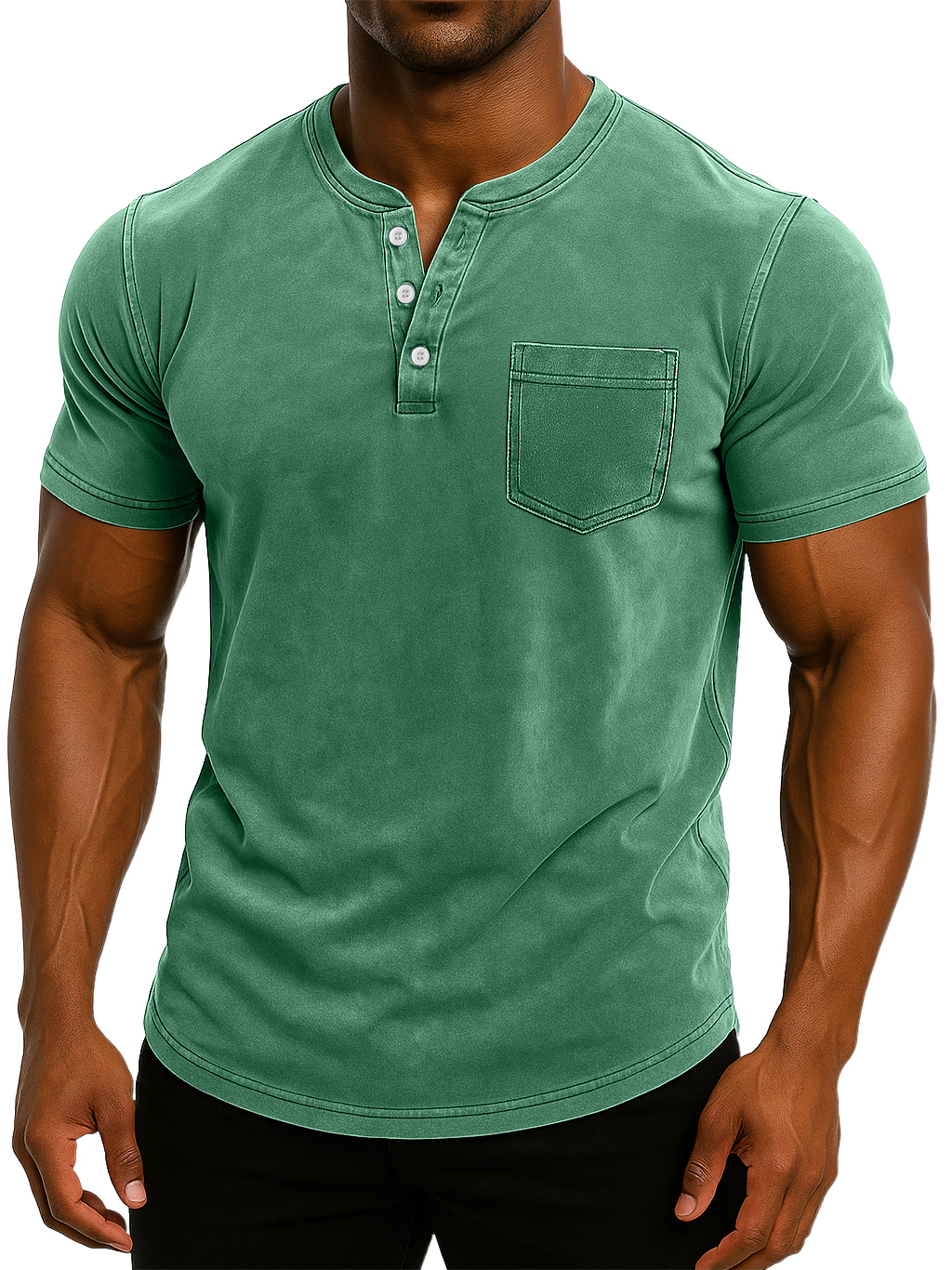 Men's Retro Stand Collar Casual Pocket Solid Color Slim Fit Short Sleeve Henley Shirt-retrostrom
