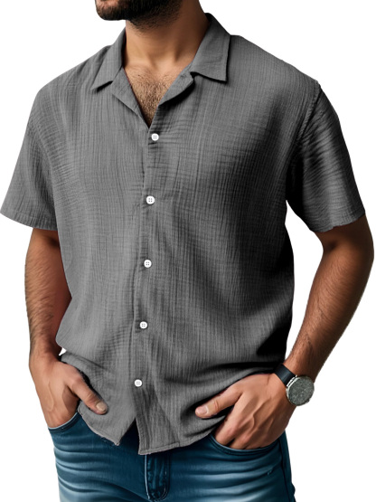 Men's Everyday Solid Color Pleated Texture Short-sleeved Shirt-retrostrom