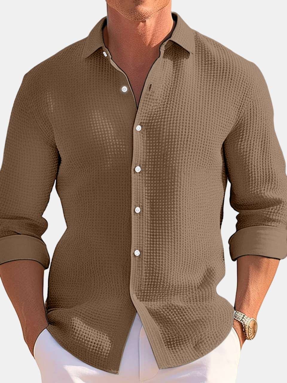 Men's Casual Loose Solid Color Waffle Long Sleeve Shirt-retrostrom