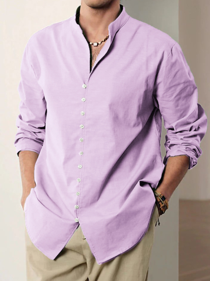 Men's Vintage Multi-Button Cotton Vacation Casual Loose Stand Collar Long Sleeve Shirt-retrostrom