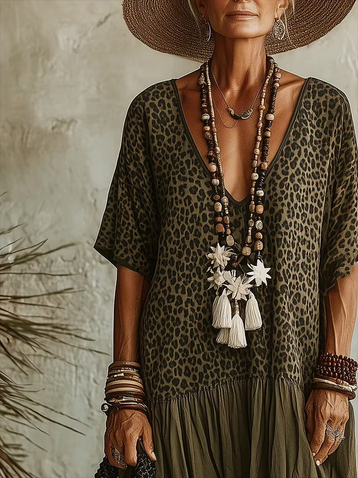 Casual Leopard Print Patchwork Chiffon and Cotton Dress-retrostrom