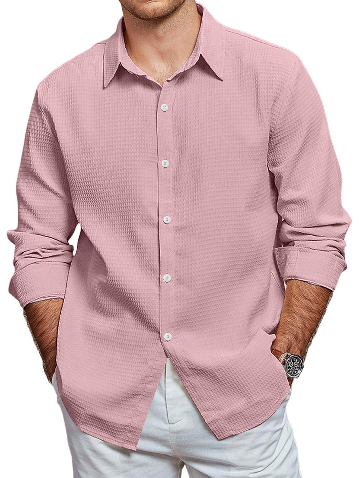 Men's Casual Waffle Solid Color Long Sleeve Shirt-retrostrom