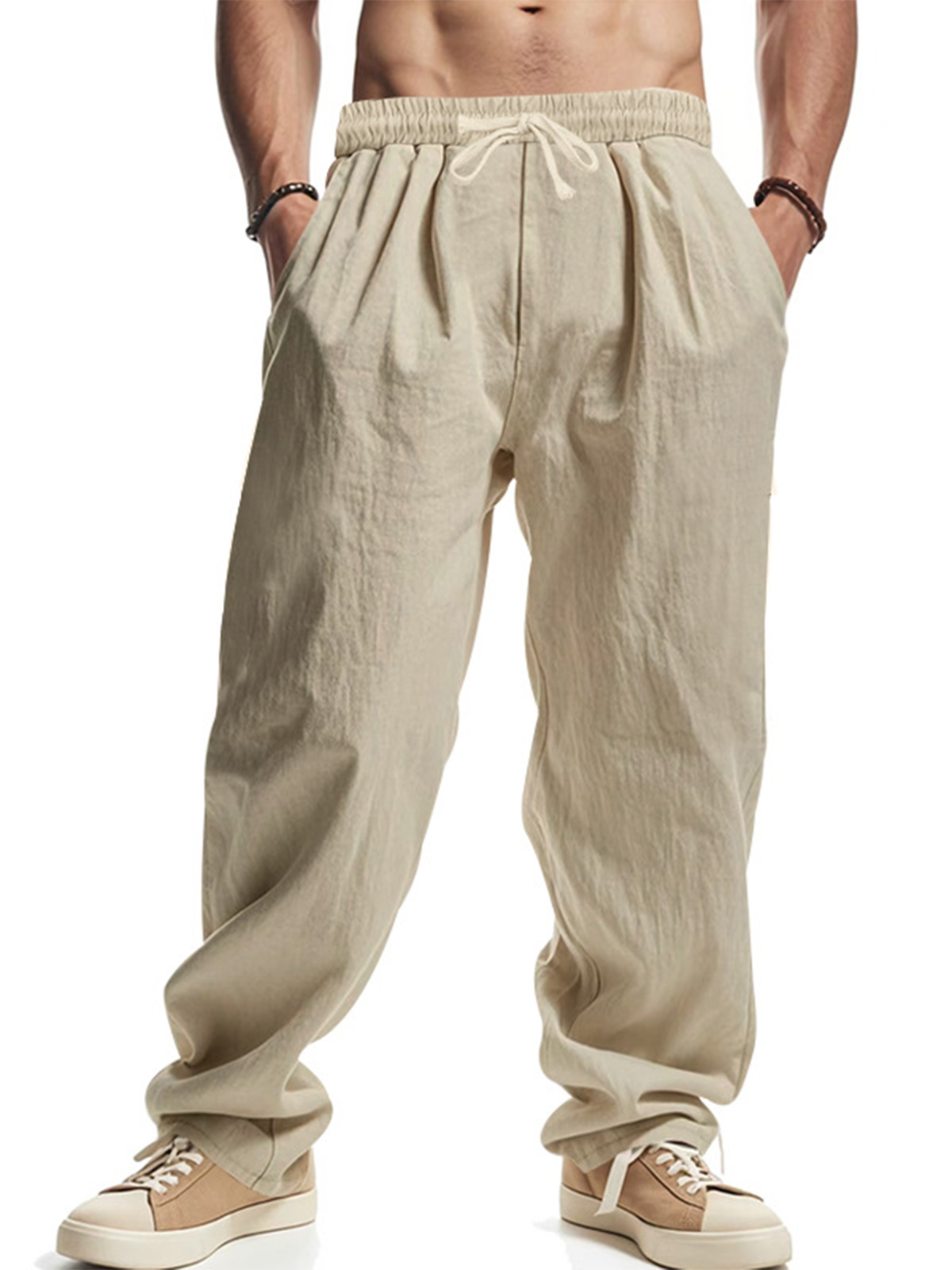 Men's Daily Casual Loose Linen Drawstring Solid Color Trousers-retrostrom