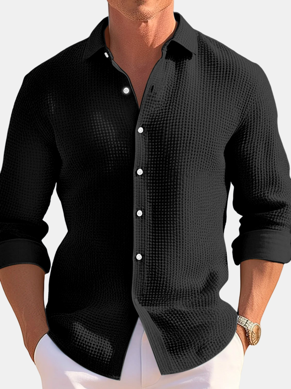 Men's Casual Loose Solid Color Waffle Long Sleeve Shirt-retrostrom
