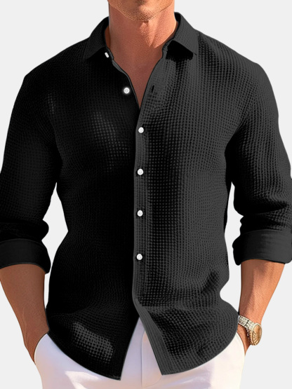 Men's Casual Loose Solid Color Waffle Long Sleeve Shirt-retrostrom