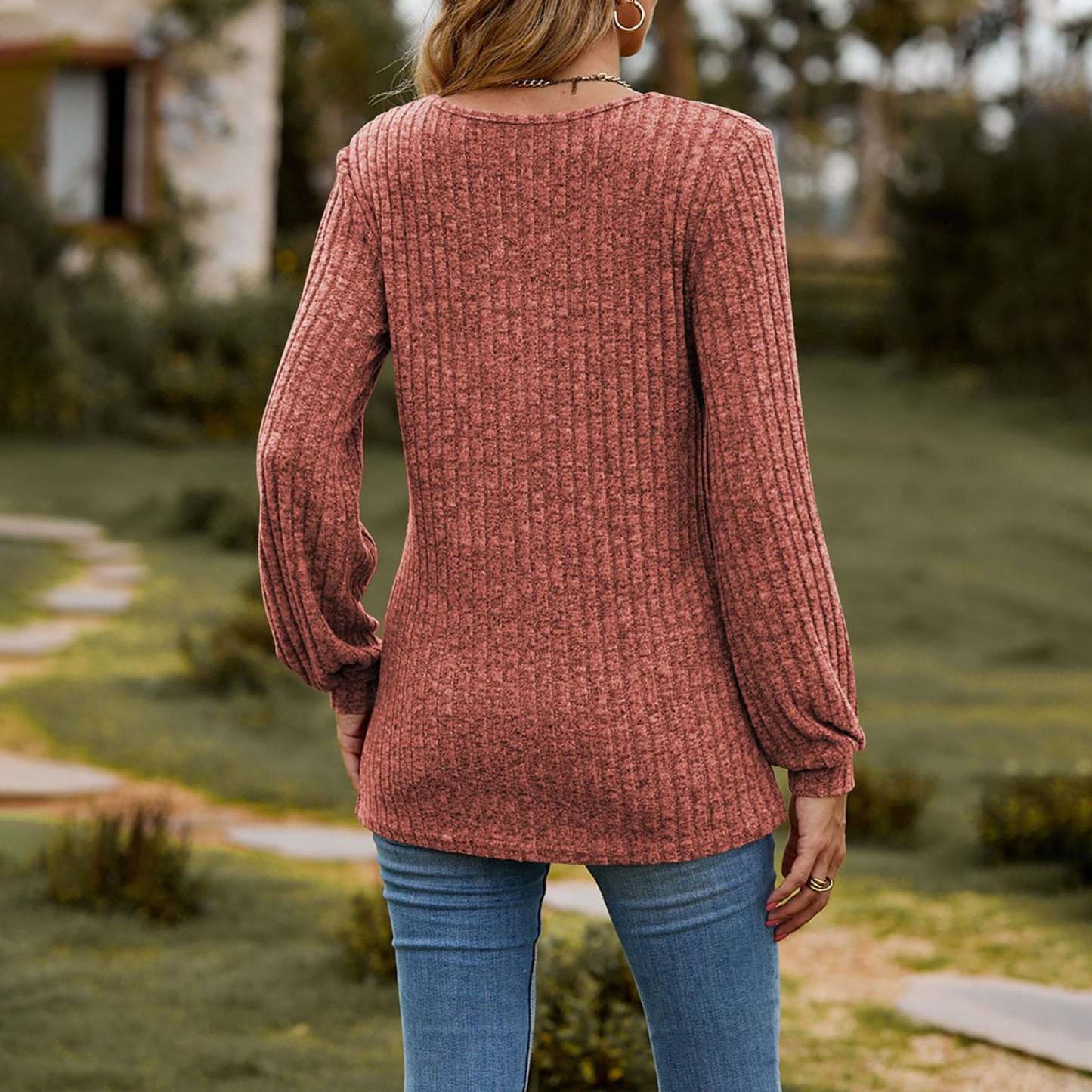 Women's Fall Button Scoop Neck Puff Long Sleeve Henley Shirts-retrostrom