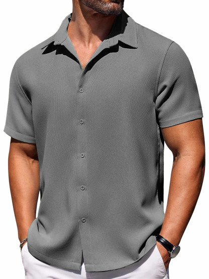 Men's Hawaiian Waffle Fabric Lapel Short Sleeve Shirt-retrostrom