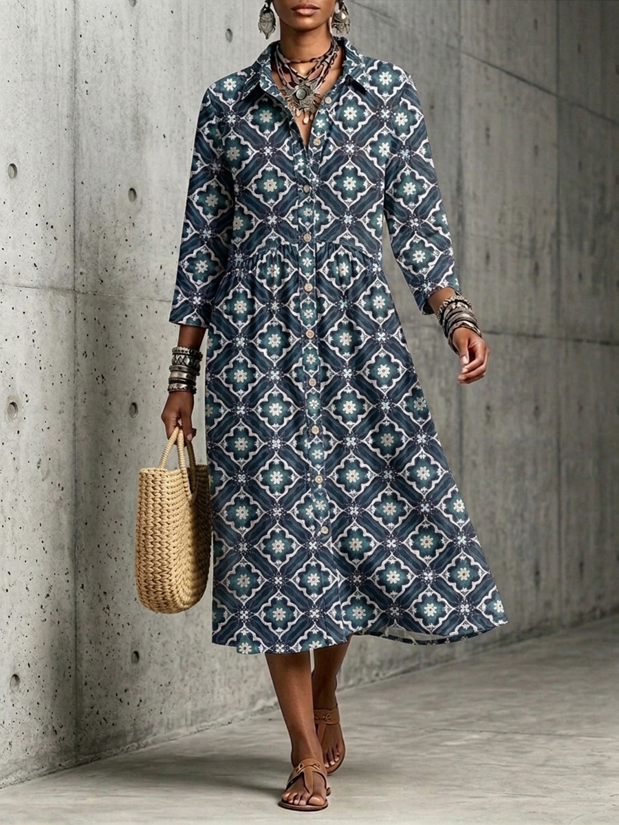 New Arrivals🔥 Mediterranean Bloom Print Midi Dress-retrostrom