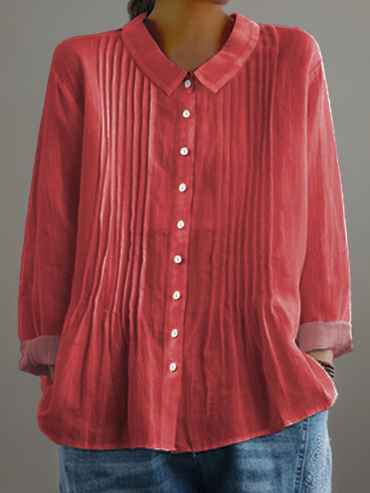 Women's Solid Color Art Casual Cotton And Linen Ruffle Shirt